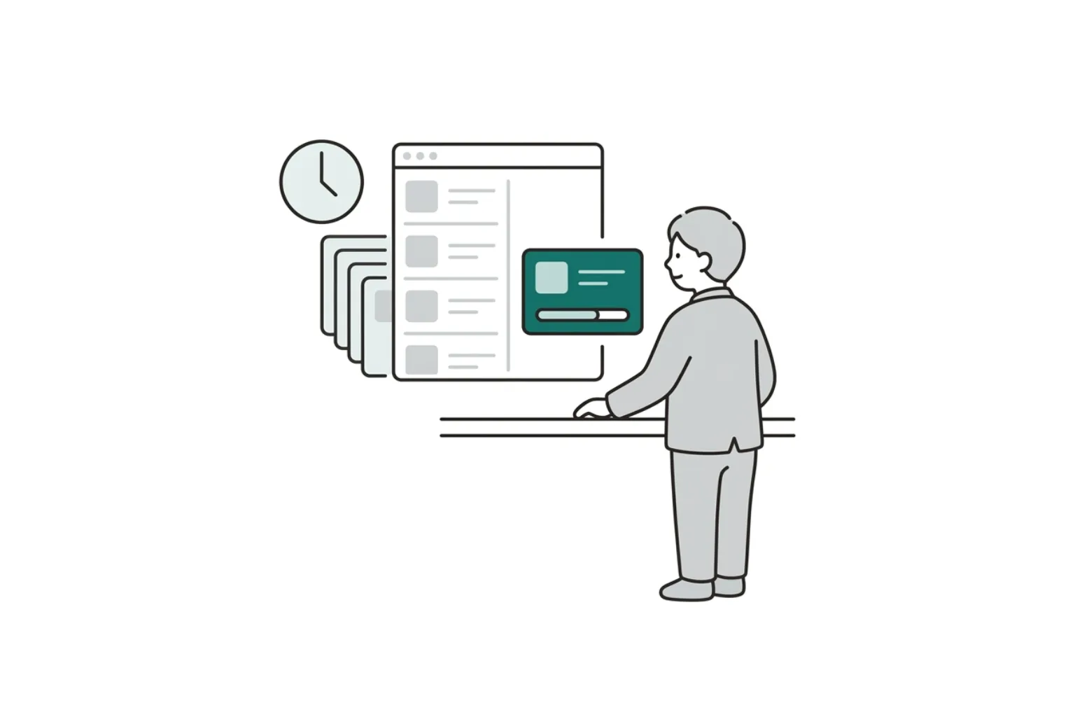 承認待ちのキューと処理中のカードを確認する担当者のビジネスイラスト