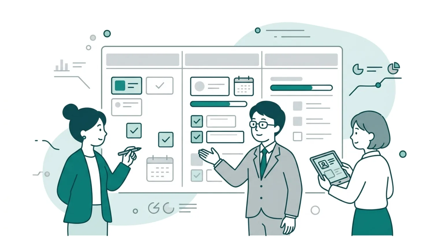 営業チームが企業リストを優先順位付けするビジネスイラスト