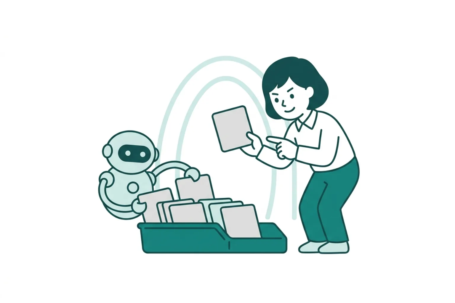 AIが整理した情報を人が判断するビジネスイラスト