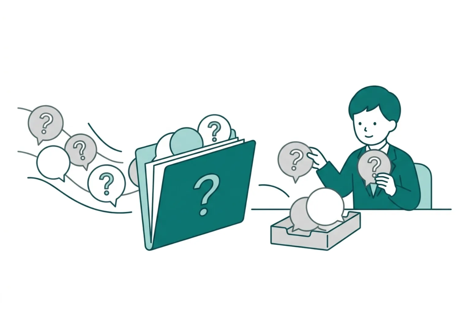 重複問い合わせをナレッジ改善に活用するビジネスイラスト
