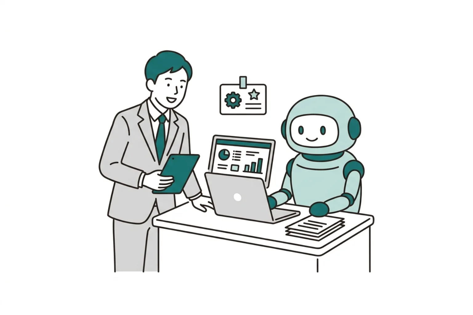 AI社員が業務スキルを学び現場で使われるビジネスイラスト