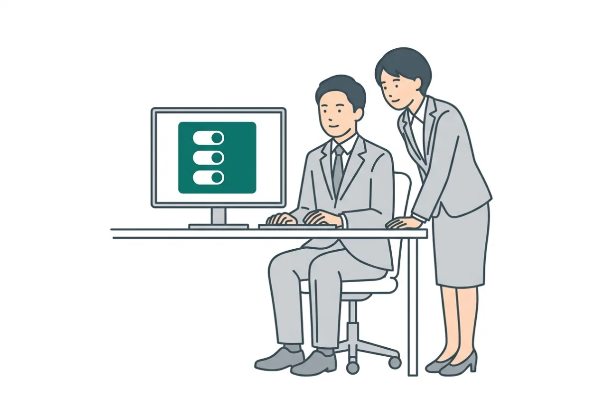 相談者と支援担当者が、画面を一緒に確認するイラスト