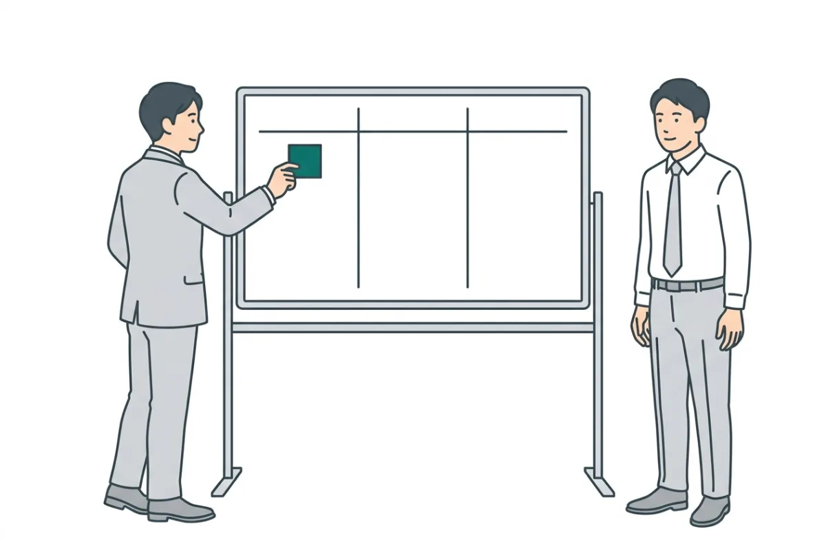 担当者同士で業務を整理し、試用の進め方を決めるイラスト