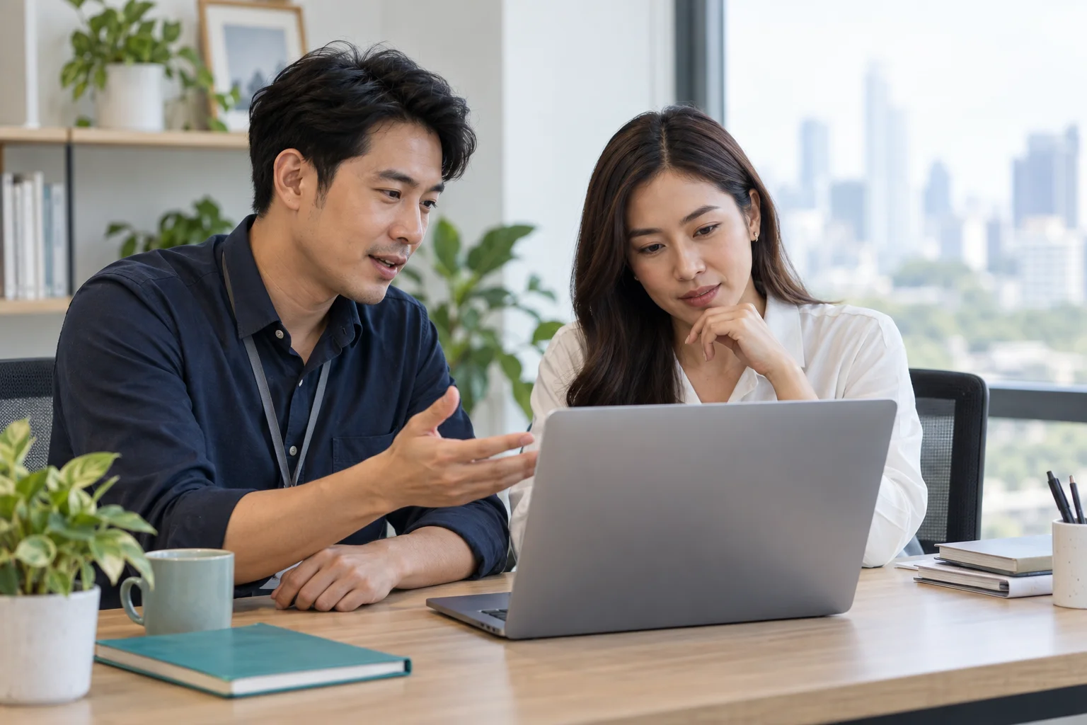 担当者2人がノートPCを見ながら設定を相談する、AI生成のイメージ
